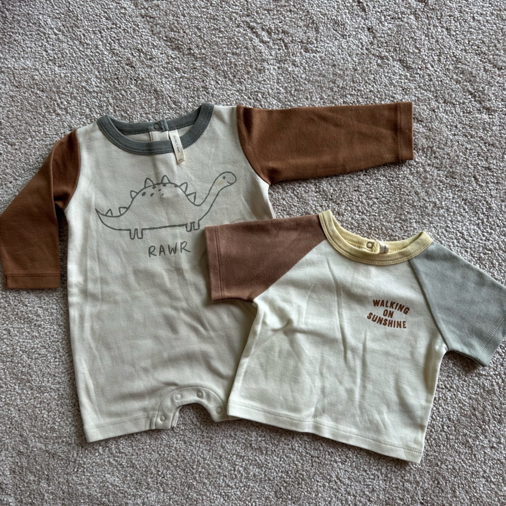 Quincy Mae Dino Long Sleeve Romper +
Raglan Short Sleeve Tee - Color Block